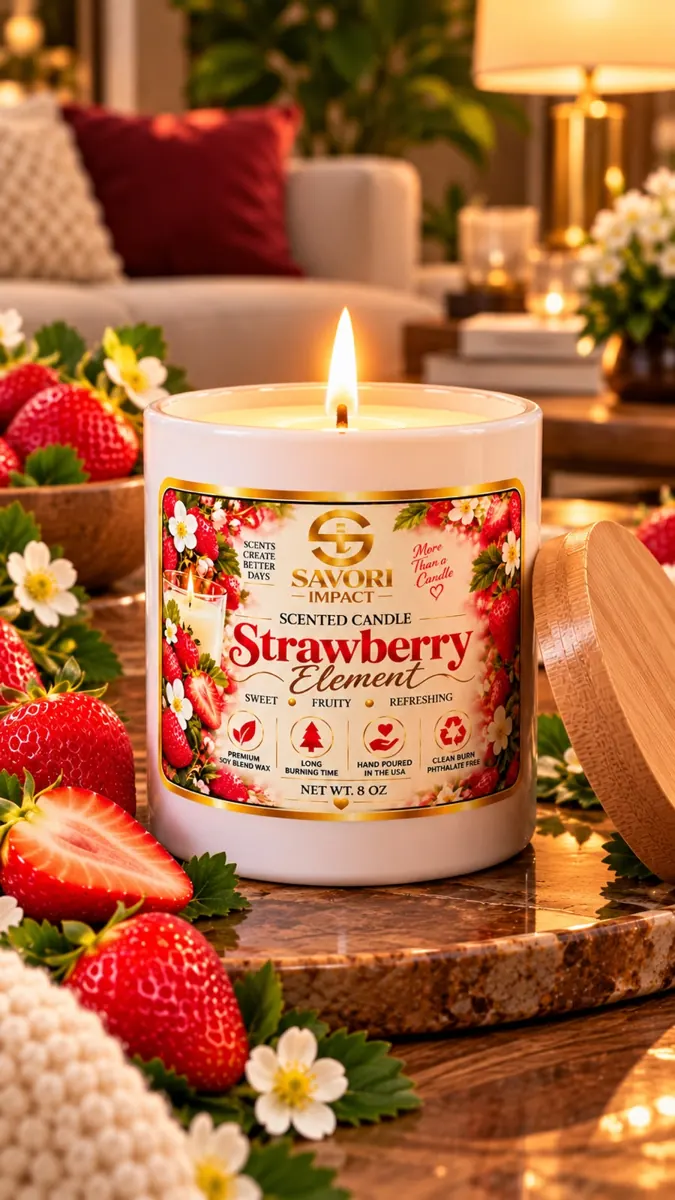 Strawberry Element candle glowing on a coffee table