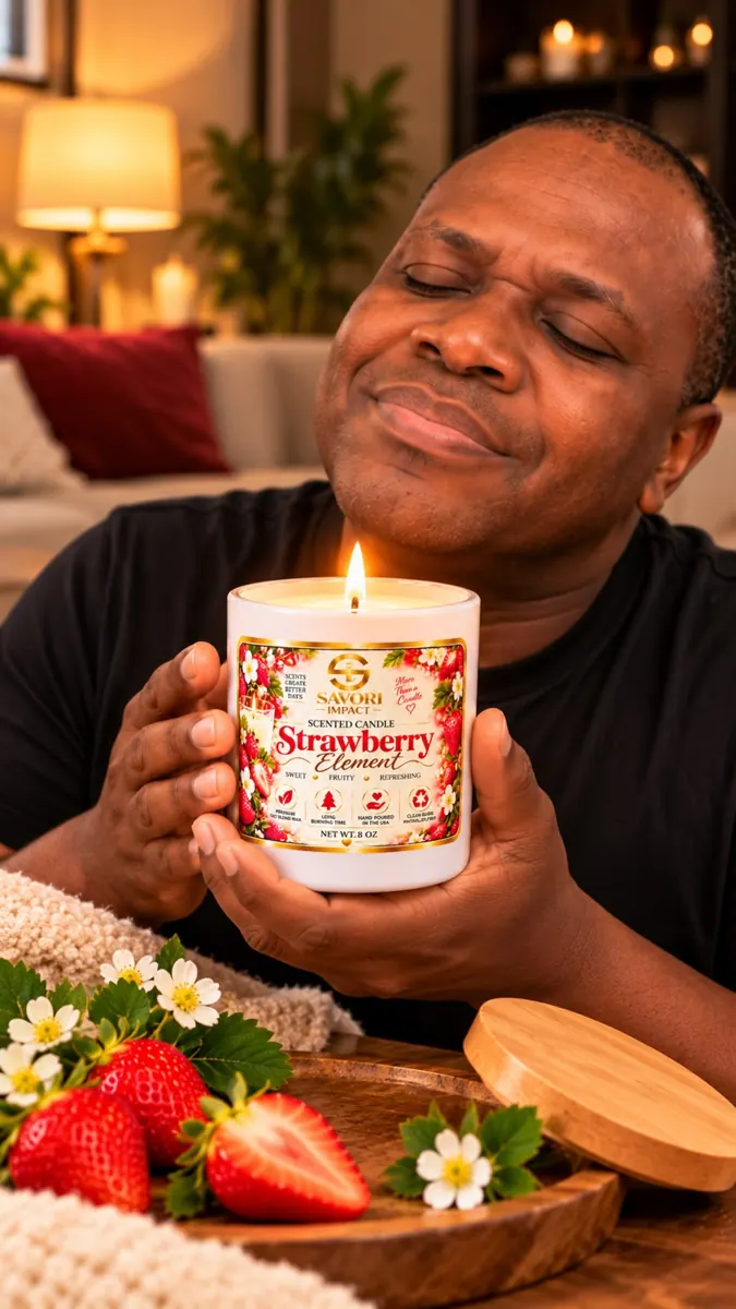 Holding a lit Strawberry Element candle