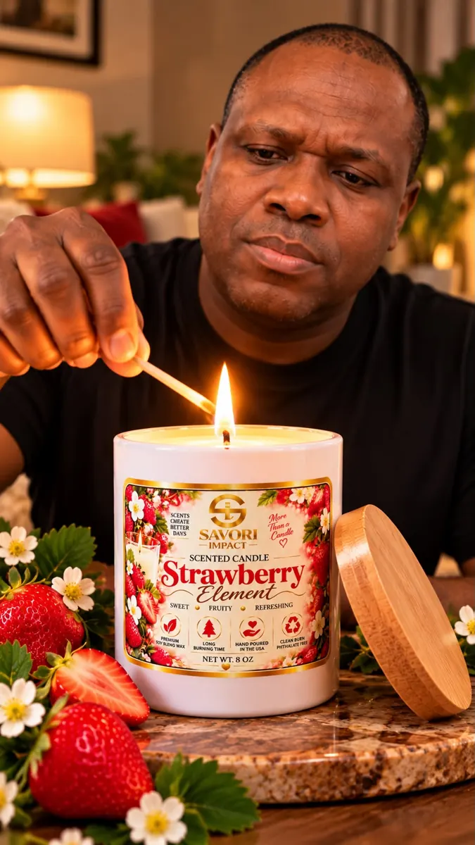 Lighting the Strawberry Element candle with a match