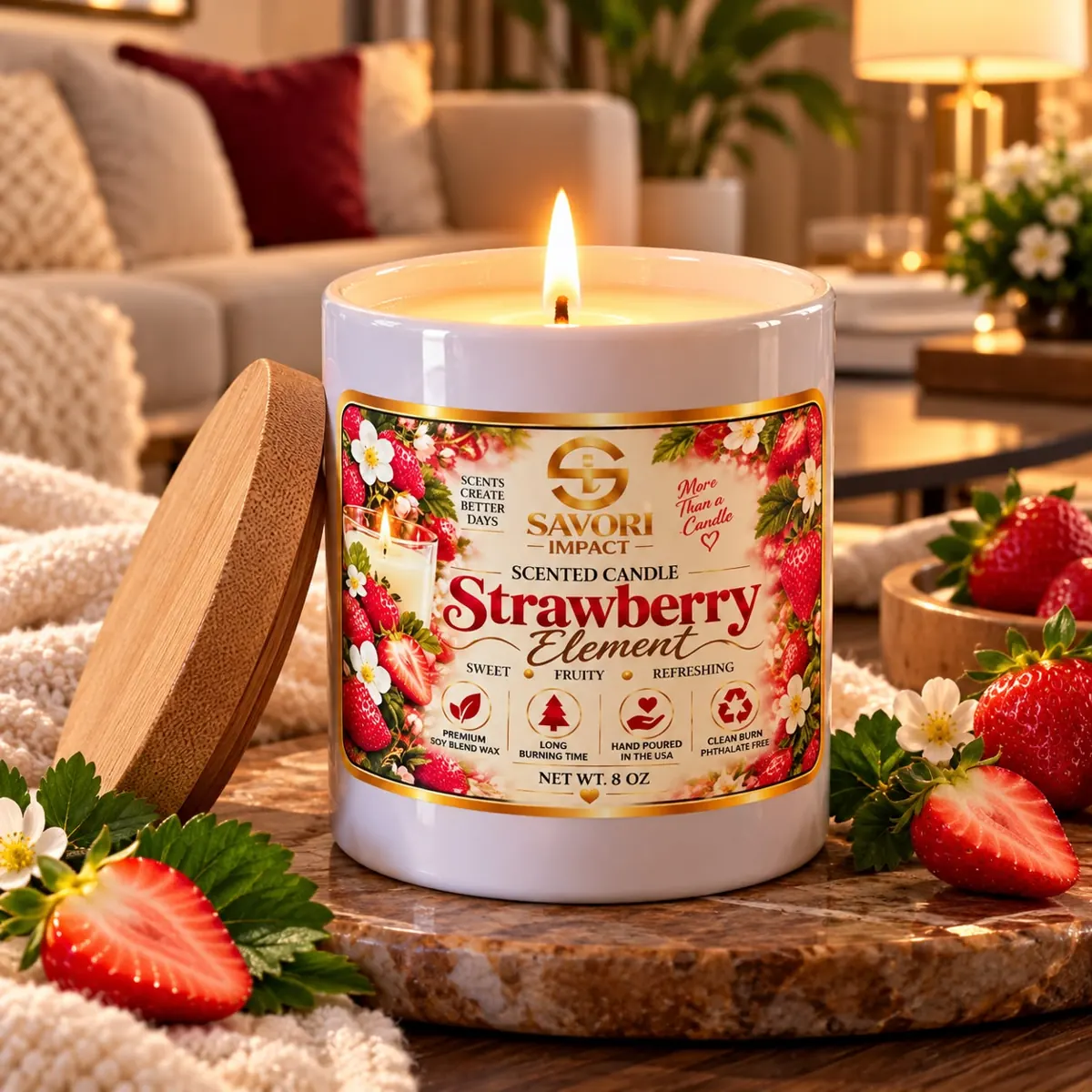 Strawberry Element candle lit on a marble tray in a cozy living room