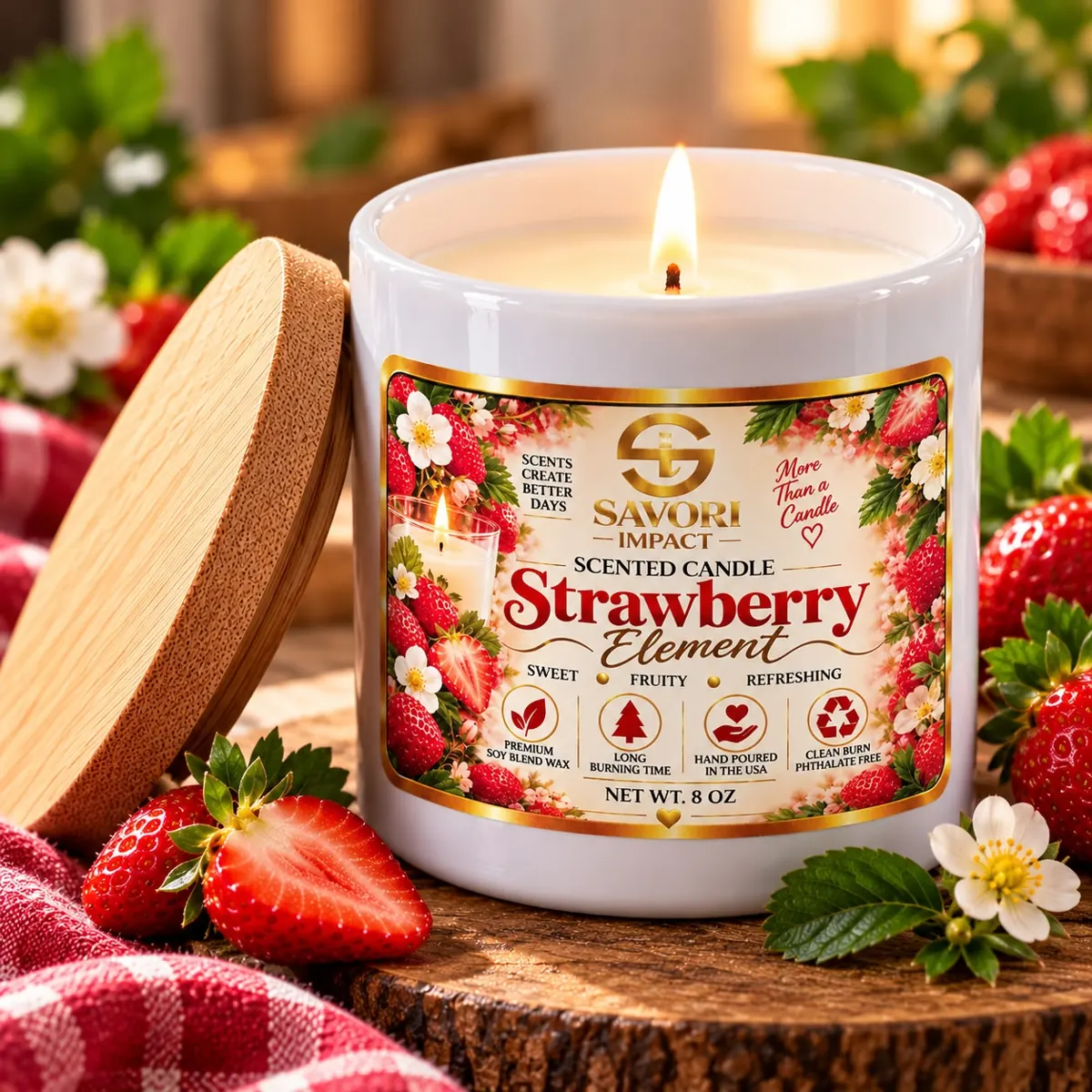 Strawberry Element candle with the bamboo lid off on a wooden board