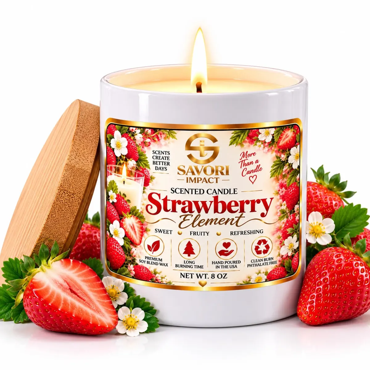 Strawberry Element scented candle with bamboo lid and fresh strawberries