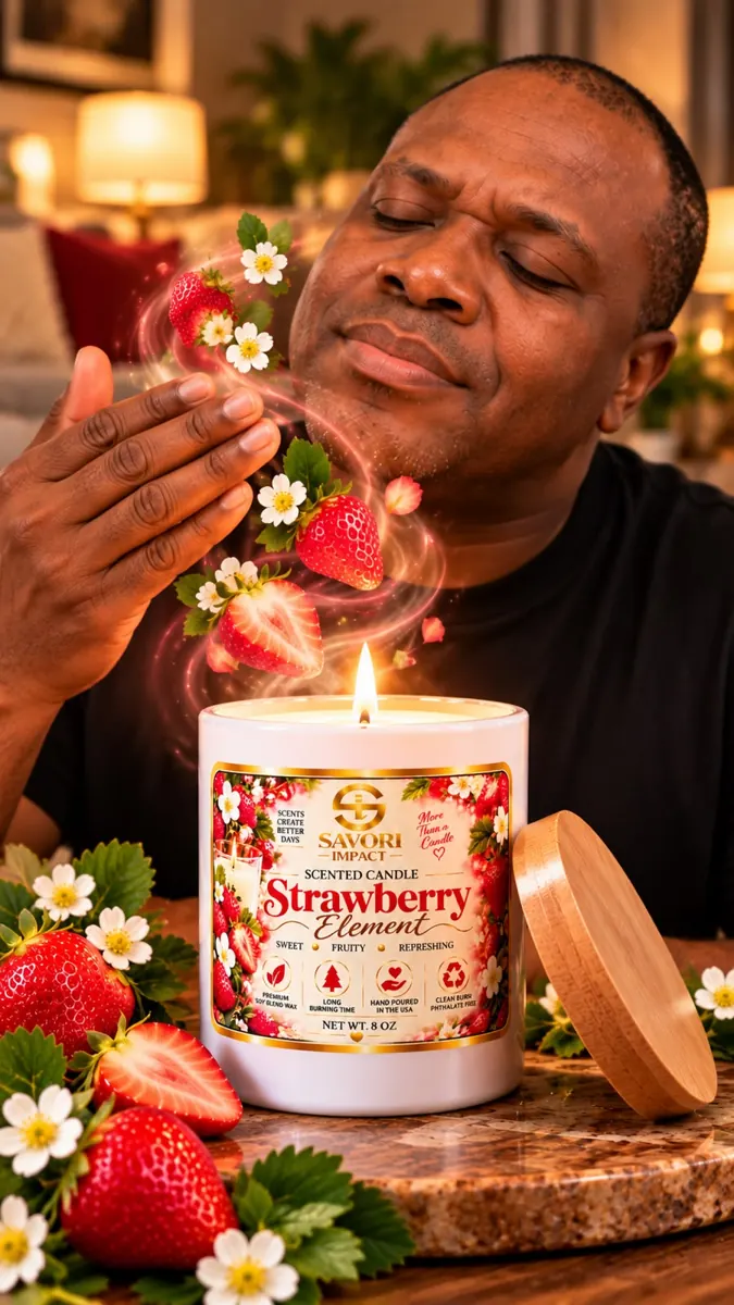 Enjoying the strawberry scent of the candle